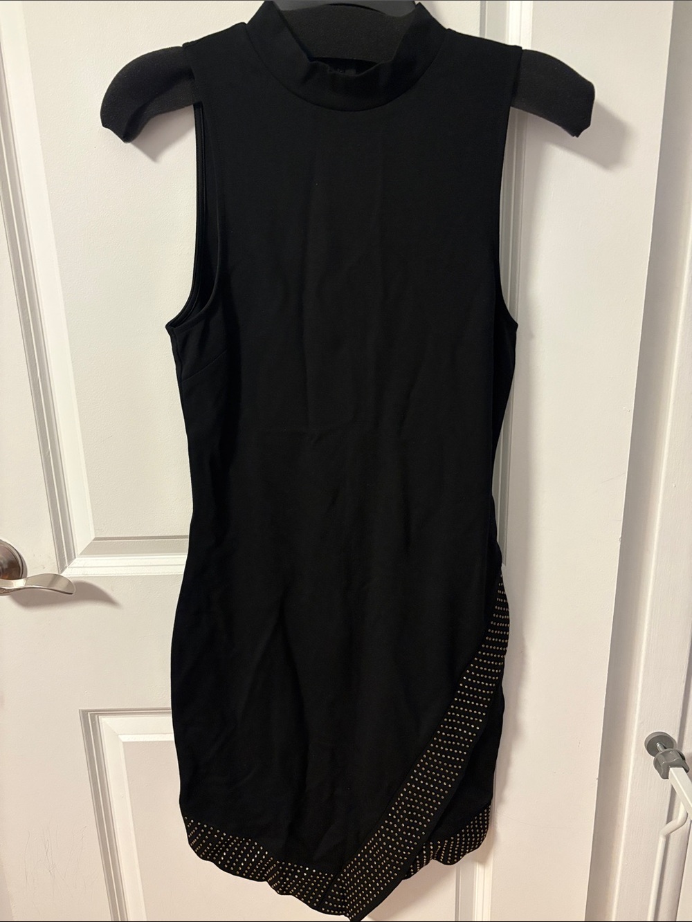 bebe Black Sleeveless Mock-Neck Dress with Studded Scallop Hem